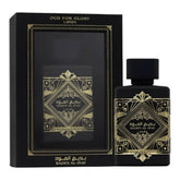 Lattafa Bade'e Al Oud for Glory Eau de Parfum 100ml 3.4 fl oz matte black bottle with gold detail - unisex saffron and oud perfume