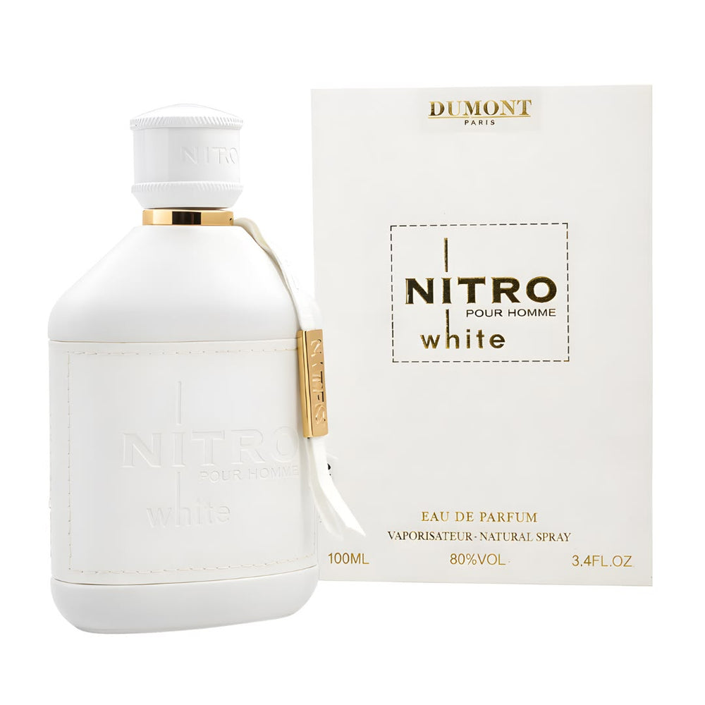 Dumont Nitro White Pour Homme Eau de Parfum 100ml 3.4 oz white perfume bottle with gold accents and cream box