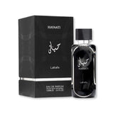 Lattafa Hayaati Eau de Parfum 100ml 3.4 oz black perfume bottle with silver accents and black box