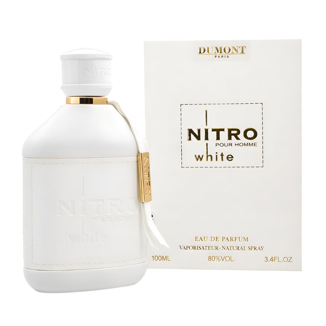 Dumont Nitro White Pour Homme Eau de Parfum 100ml 3.4 oz white perfume bottle with gold accents and cream box