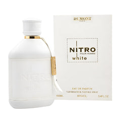 Dumont Nitro White Pour Homme Eau de Parfum 100ml 3.4 oz white perfume bottle with gold accents and cream box