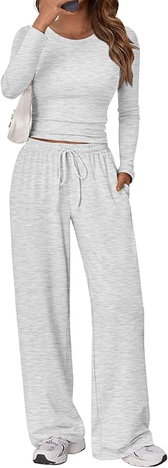 Trendy Queen Women's 2 Piece Matching Lounge Set Long Sleeve Side Ruching Top Wide Leg Drawstring Pants Set with Pockets