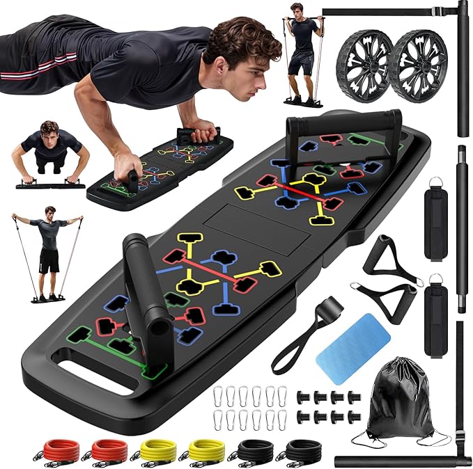 MQRW Push Up Board,Home Gym,Portable Exercise Equipment,Pilates Bar and 20 Fitness Accessories with Resistance Bands and Ab Roller Wheel,Full Body Workout at Home Visit the MQRW Store
