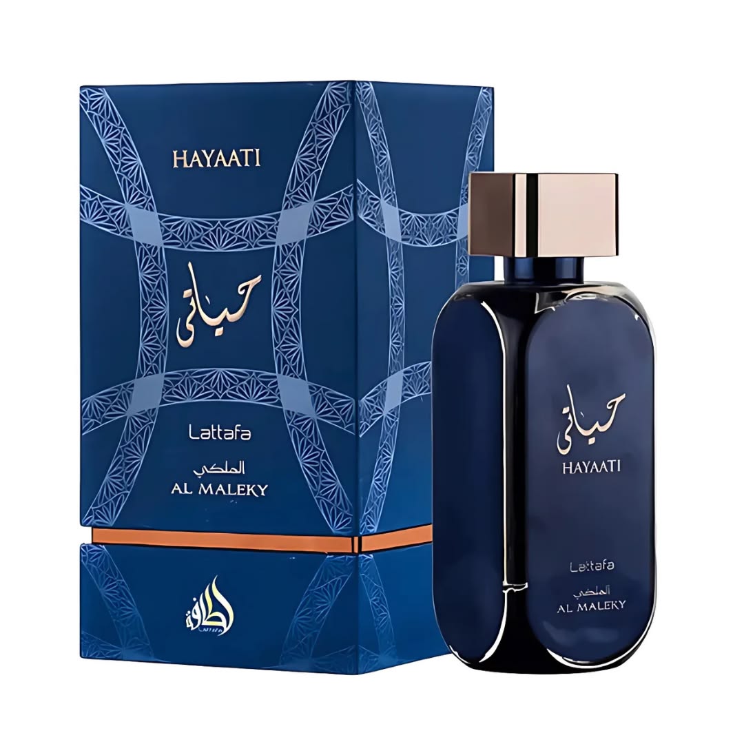 Lattafa Hayaati Al Maleky Eau de Parfum 100ml 3.4 oz navy blue perfume bottle with rose gold cap and patterned blue box