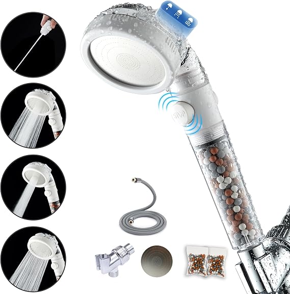 High Pressure Filtered Shower Head – 4 Mode Handheld with Mineral Water Softener