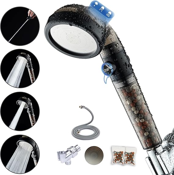 High Pressure Filtered Shower Head – 4 Mode Handheld with Mineral Water Softener