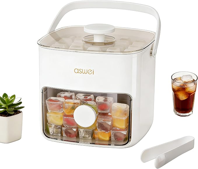 Ice Cube Tray with Lid & Bin – One-Touch Easy Release Silicone Ice Maker