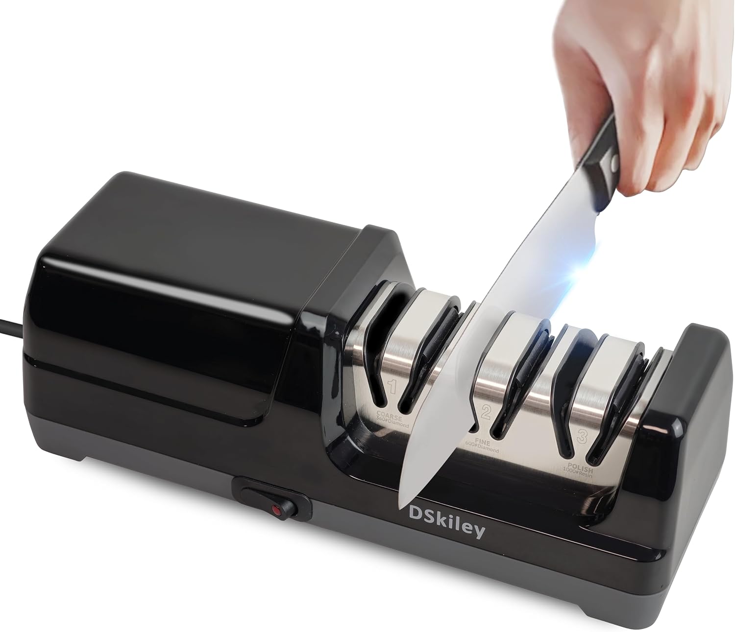 Electric 3-stage diamond knife sharpener with 20 degree angle guide for kitchen knives