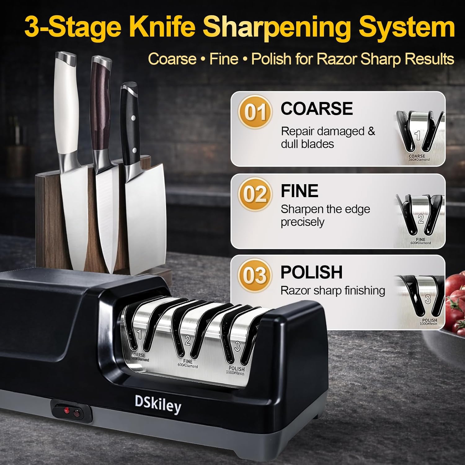 Electric Knife Sharpener – 3-Stage Diamond System with 20° Angle Guide