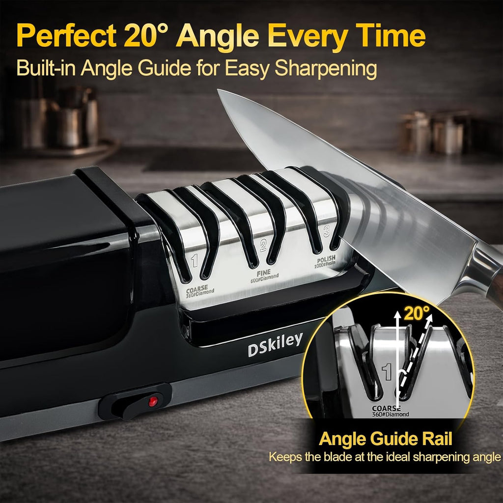 Electric Knife Sharpener – 3-Stage Diamond System with 20° Angle Guide