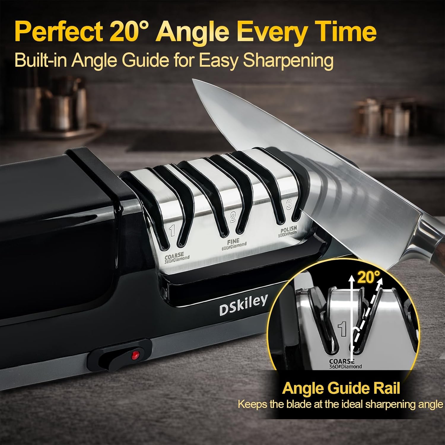 Electric Knife Sharpener – 3-Stage Diamond System with 20° Angle Guide