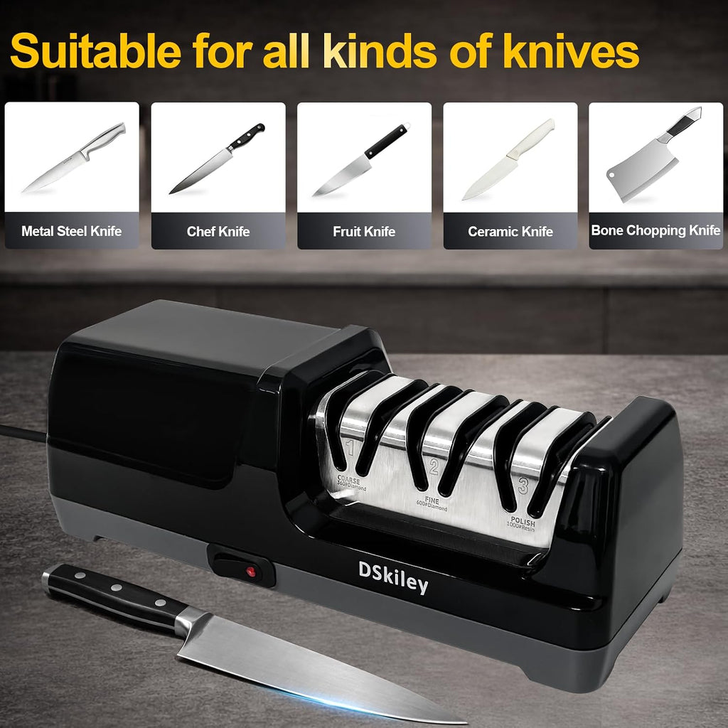 Electric Knife Sharpener – 3-Stage Diamond System with 20° Angle Guide