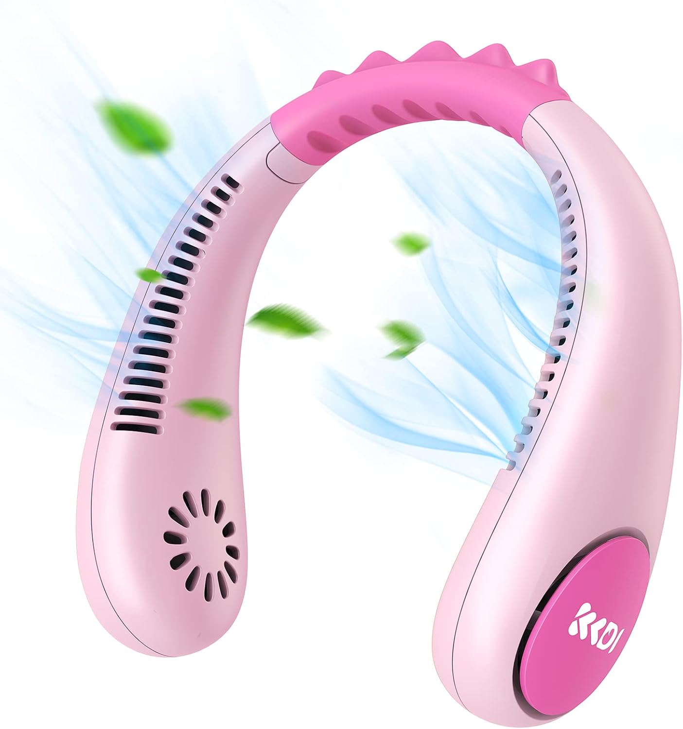 Kids rechargeable wearable hands-free neck fan worn by a child for summer cooling