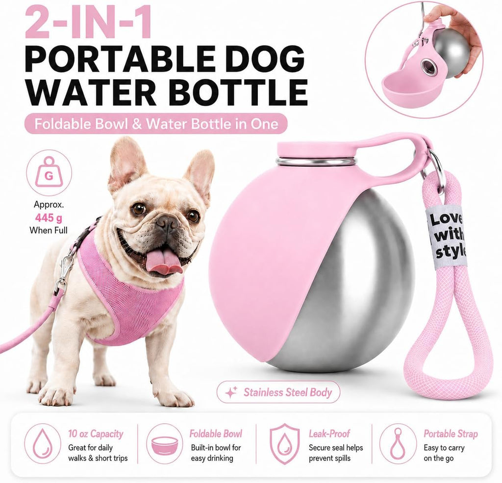 2-in-1 Dog Water Bottle with Foldable Bowl – 10 oz Leak-Proof Travel Bottle