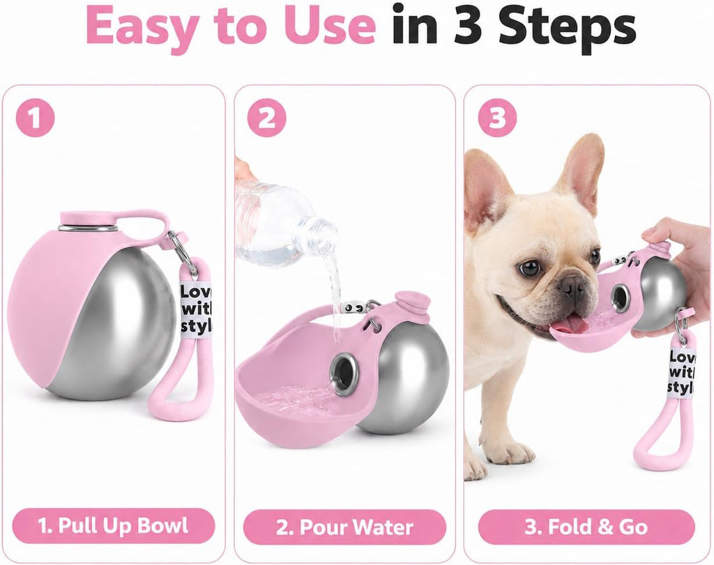 2-in-1 Dog Water Bottle with Foldable Bowl – 10 oz Leak-Proof Travel Bottle