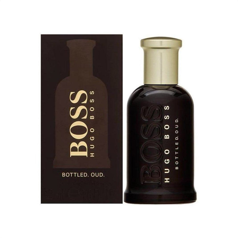 Hugo Boss Boss Bottled Oud Eau de Parfum 100ml 3.4 oz dark brown bottle with gold cap and brown box
