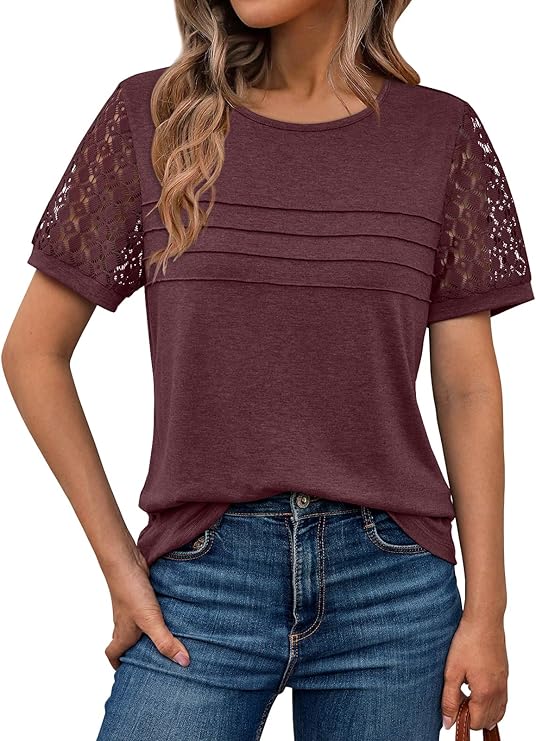 AUTOMET Women's Short Sleeve Shirts Dressy Lace Summer Tops 2026 Spring Trendy Casual T-Shirts Cute Work Outfits Blouses