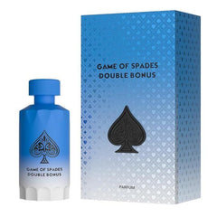 Jo Milano Game of Spades Double Bonus Parfum 100ml 3.4 oz blue and white gradient bottle with black spade emblem and blue box