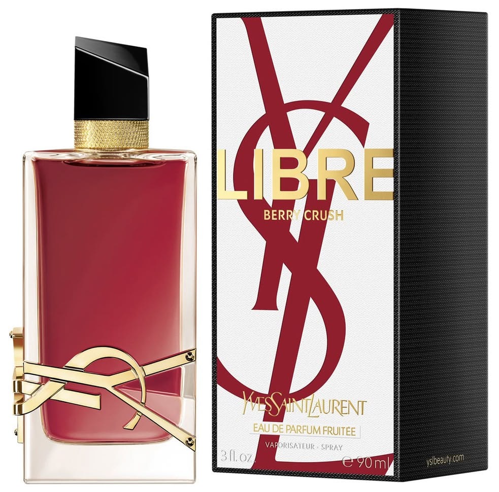 Yves Saint Laurent Libre Berry Crush Eau de Parfum 90ml 3.0 fl oz scarlet red bottle with gold YSL logo - raspberry and lavender perfume for women