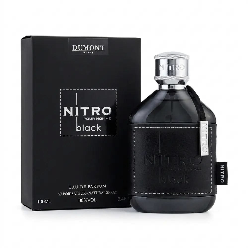 Dumont Nitro Black Pour Homme Eau de Parfum 100ml 3.4 oz black perfume bottle with silver cap and black box
