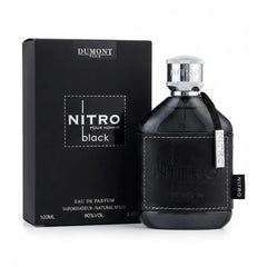 Dumont Nitro Black Pour Homme Eau de Parfum 100ml 3.4 oz black perfume bottle with silver cap and black box