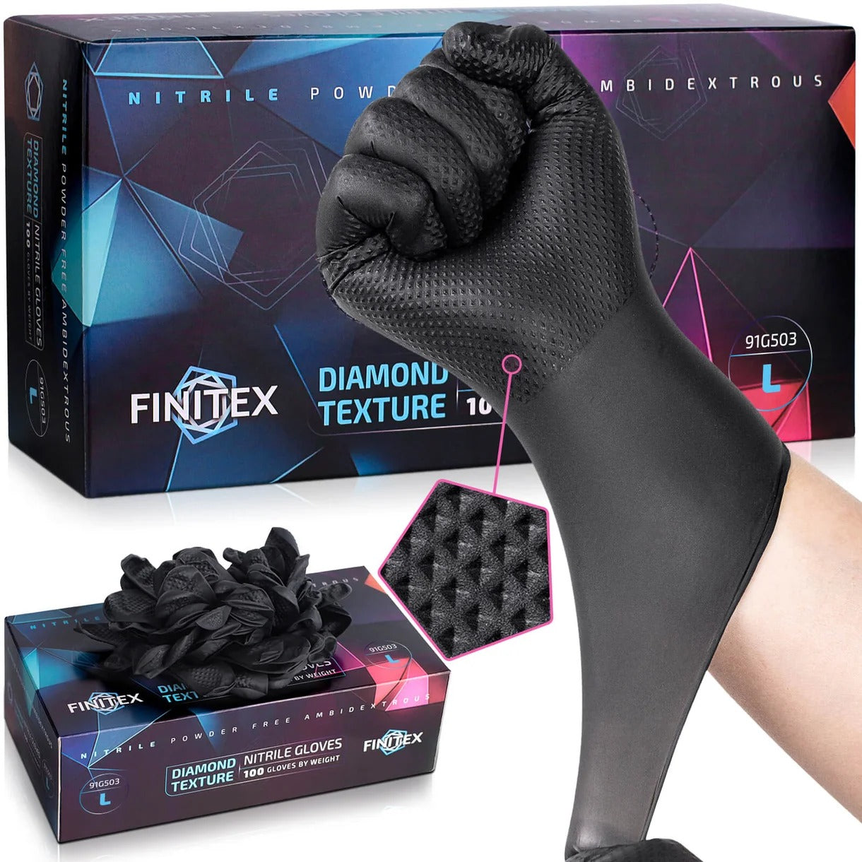 FINITEX 6.3 mil black diamond textured nitrile gloves with 100-count box, powder free and puncture resistant