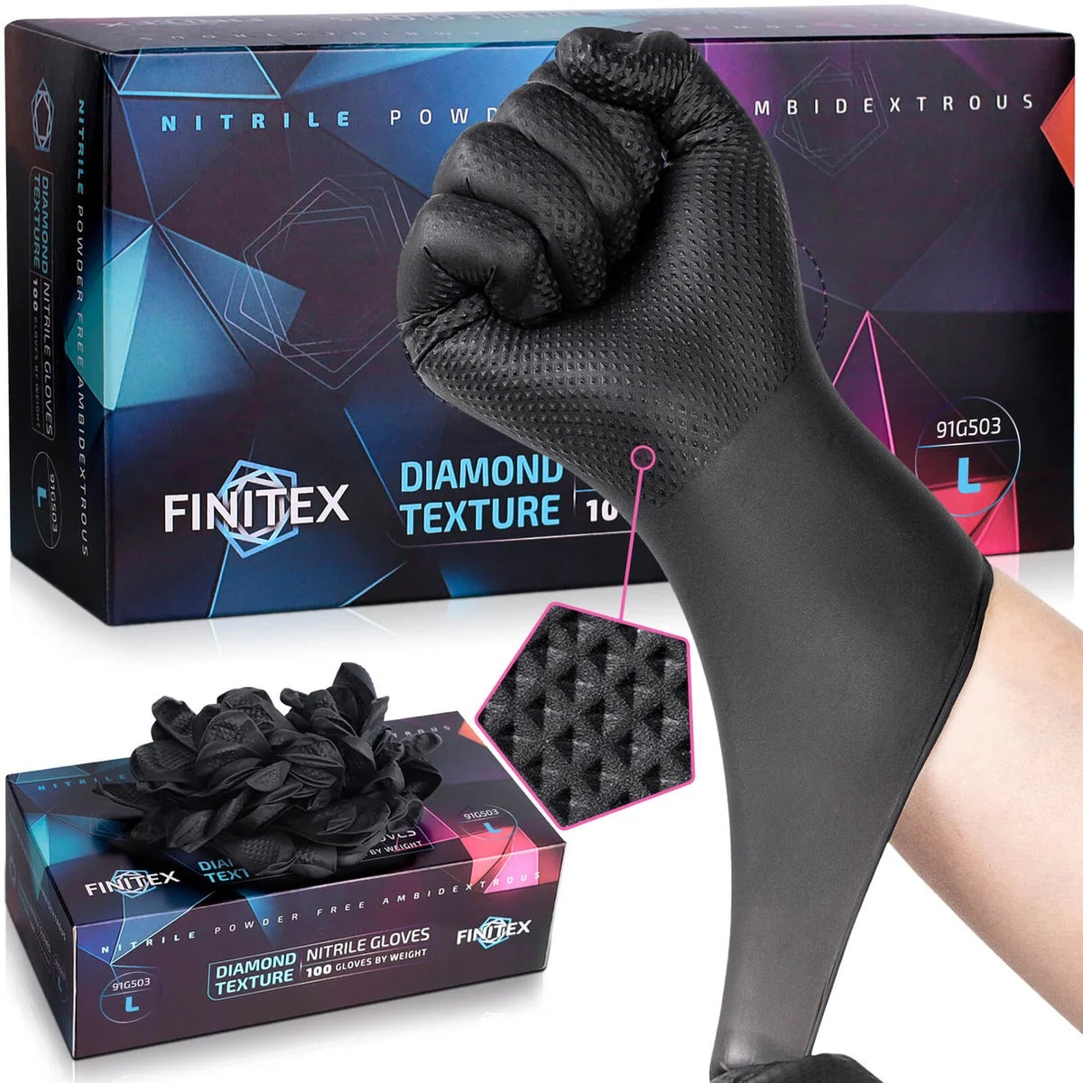 FINITEX 6.3 mil black diamond textured nitrile gloves with 100-count box, powder free and puncture resistant