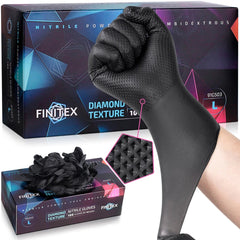 FINITEX 6.3 mil black diamond textured nitrile gloves with 100-count box, powder free and puncture resistant