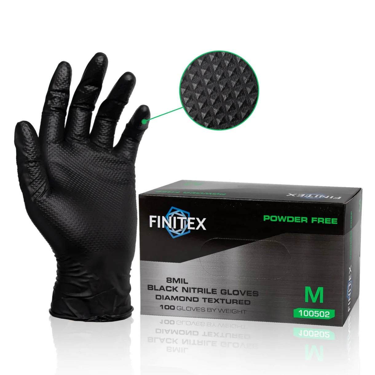 FINITEX 8 mil black diamond textured nitrile gloves with 100-count box, powder free and puncture resistant