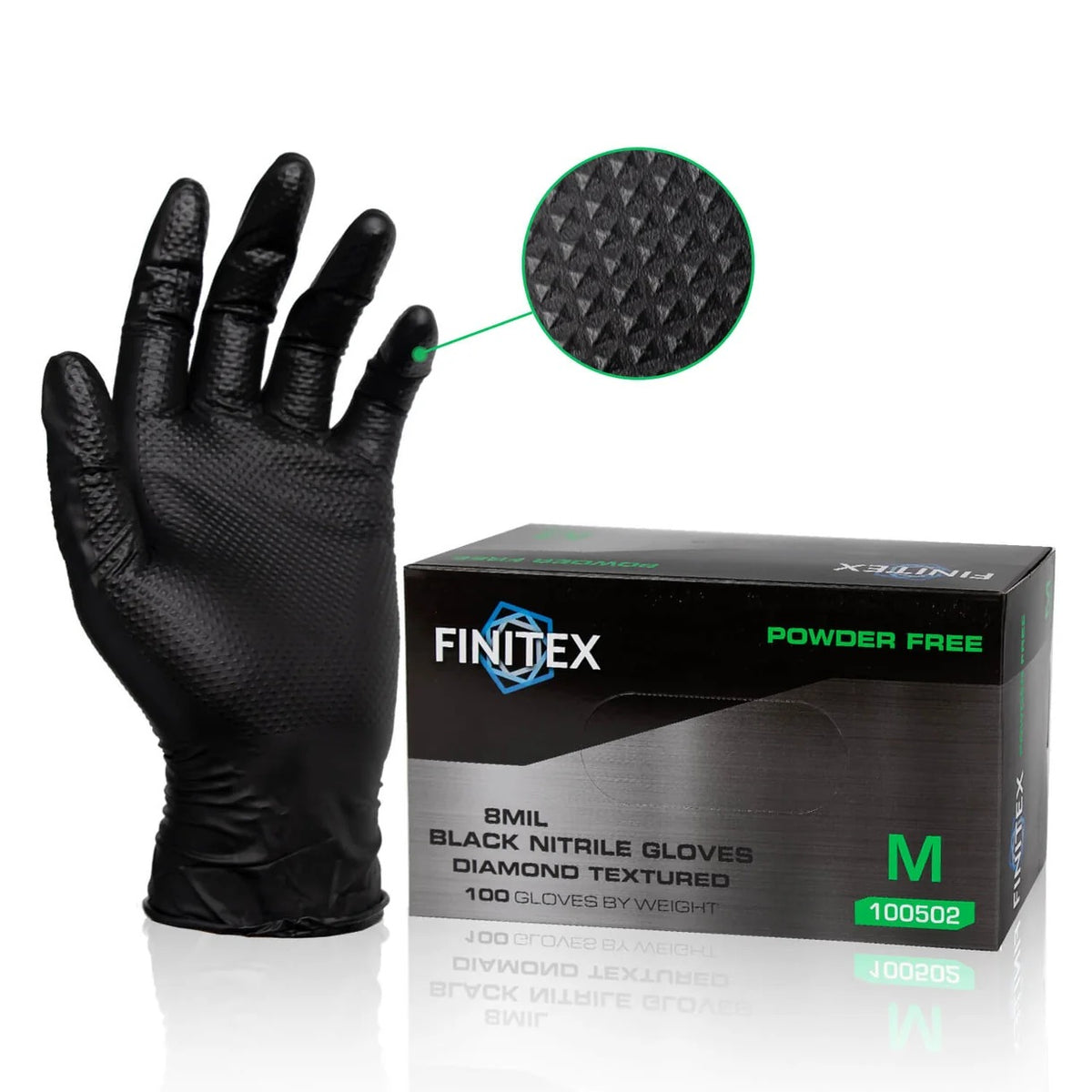 FINITEX 8 mil black diamond textured nitrile gloves with 100-count box, powder free and puncture resistant