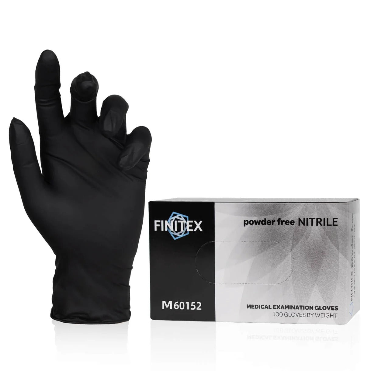 FINITEX powder free nitrile exam gloves in blue with 100-count box, latex free with textured fingertip grip