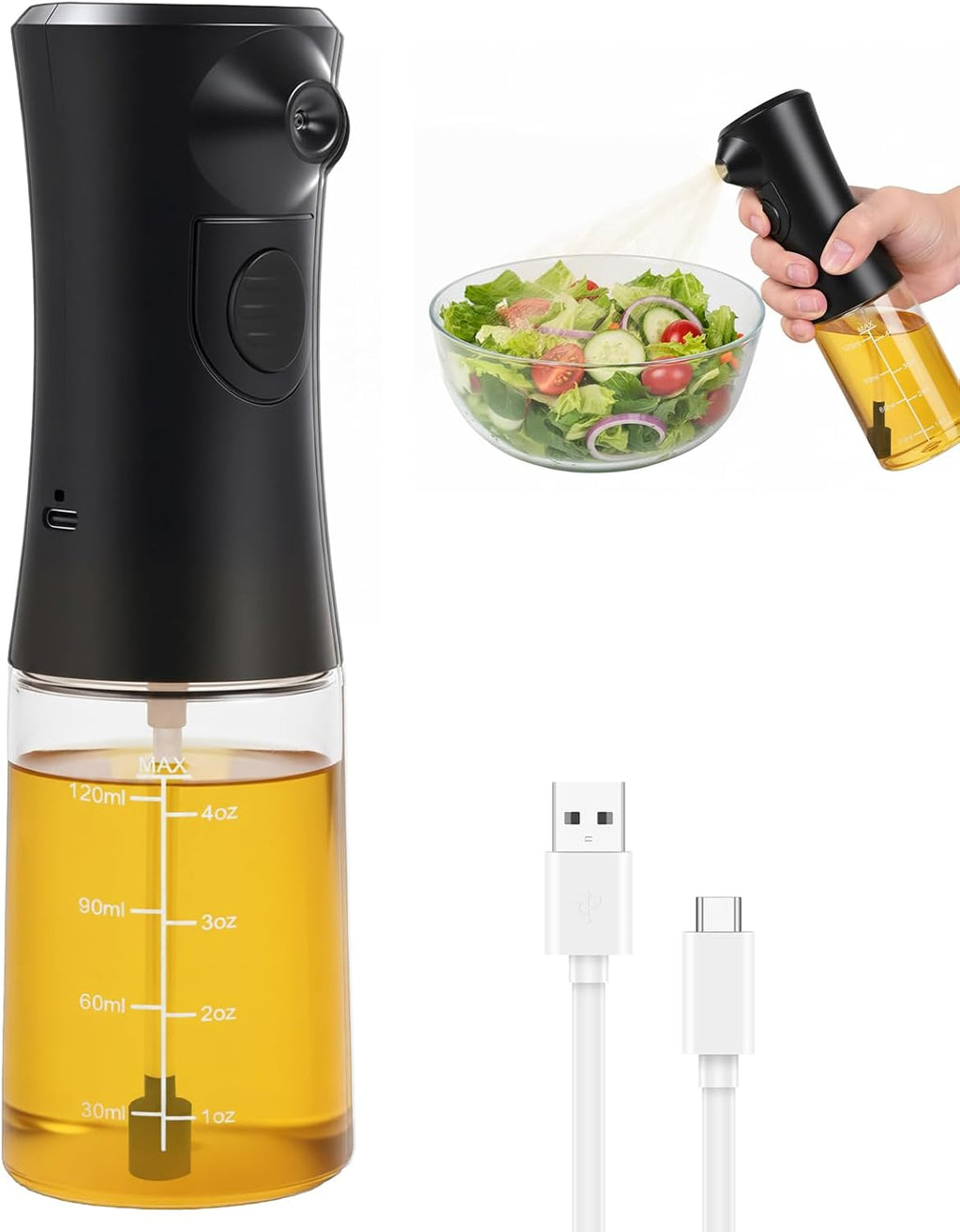 Rechargeable electric oil sprayer mister spraying fine oil mist for air fryer cooking
