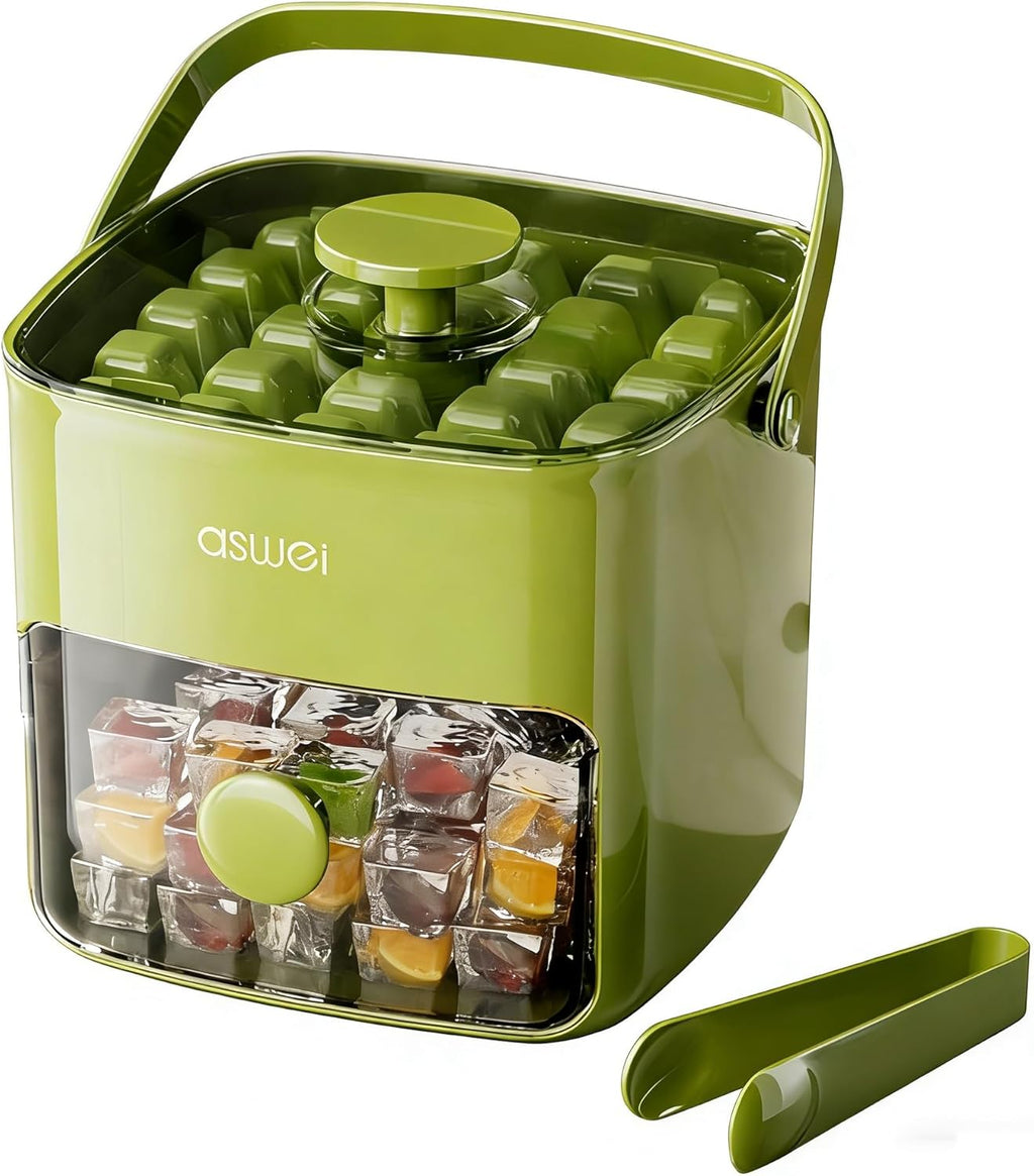 One-touch easy release silicone ice cube tray with lid bin and tongs for freezer