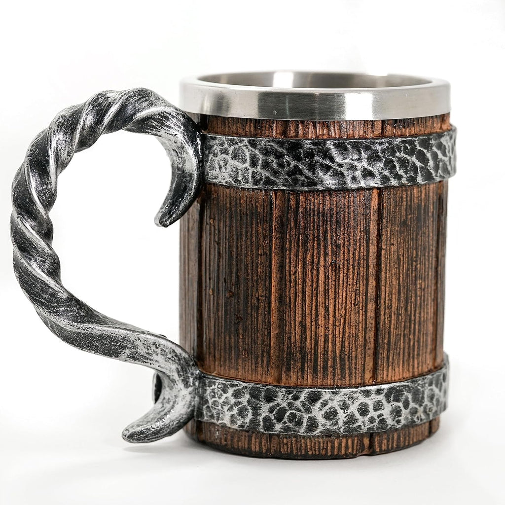 Viking beer mug medieval barrel tankard with faux wood look and stainless steel liner