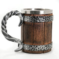 Viking beer mug medieval barrel tankard with faux wood look and stainless steel liner