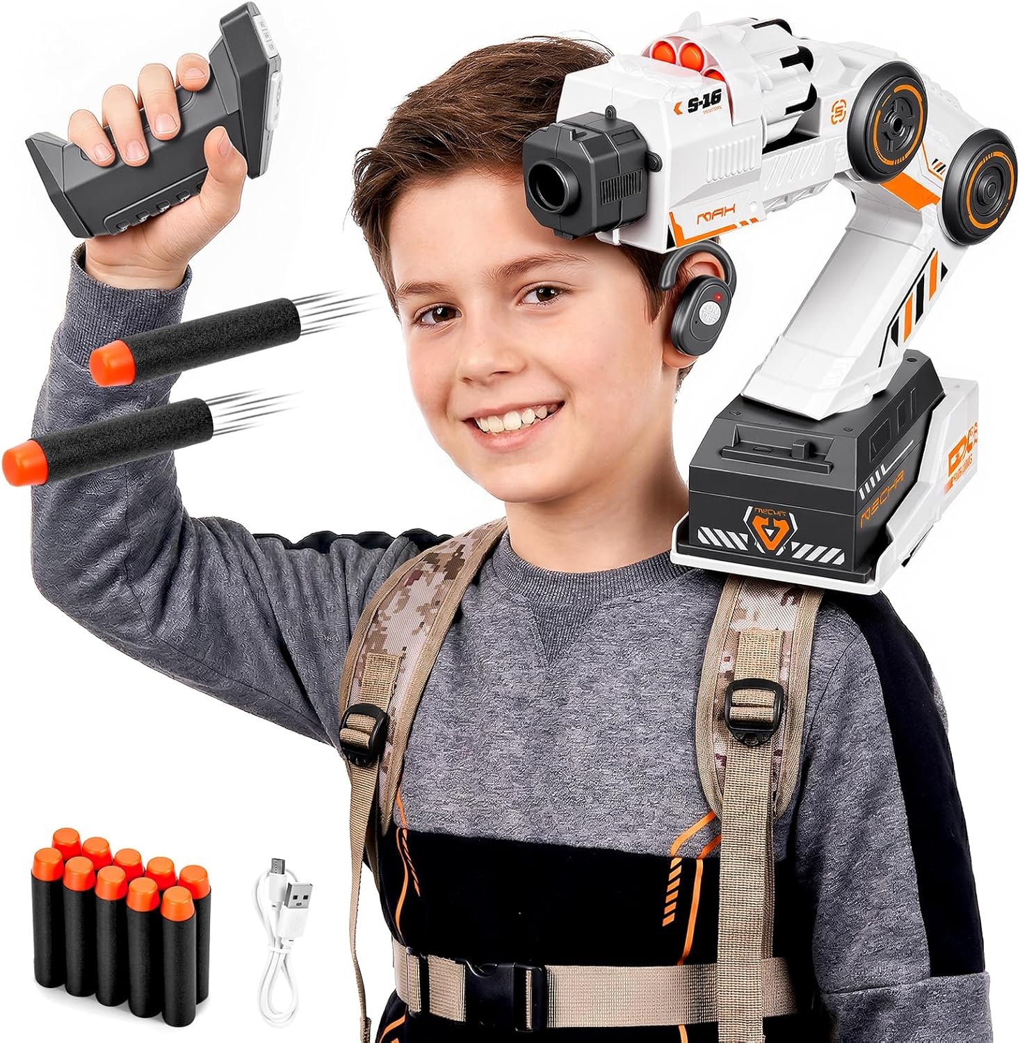 Head tracking robot arm gel blaster, shoulder-mounted water bead blaster toy with hands-free aim and 23ft range