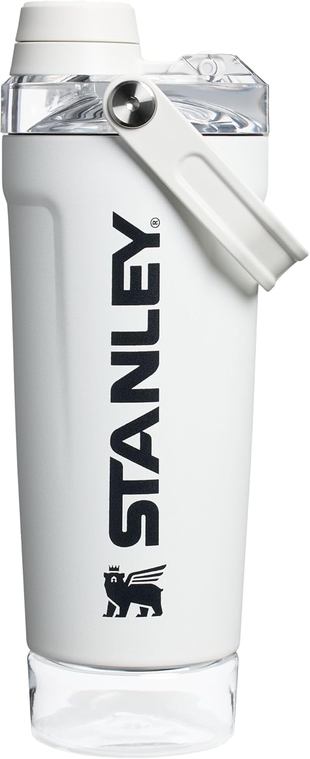 Insulated stainless steel leakproof protein shaker bottle with strainer and storage base
