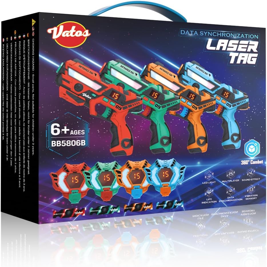 4 player rechargeable laser tag set with blasters and vests featuring LCD tracking screens