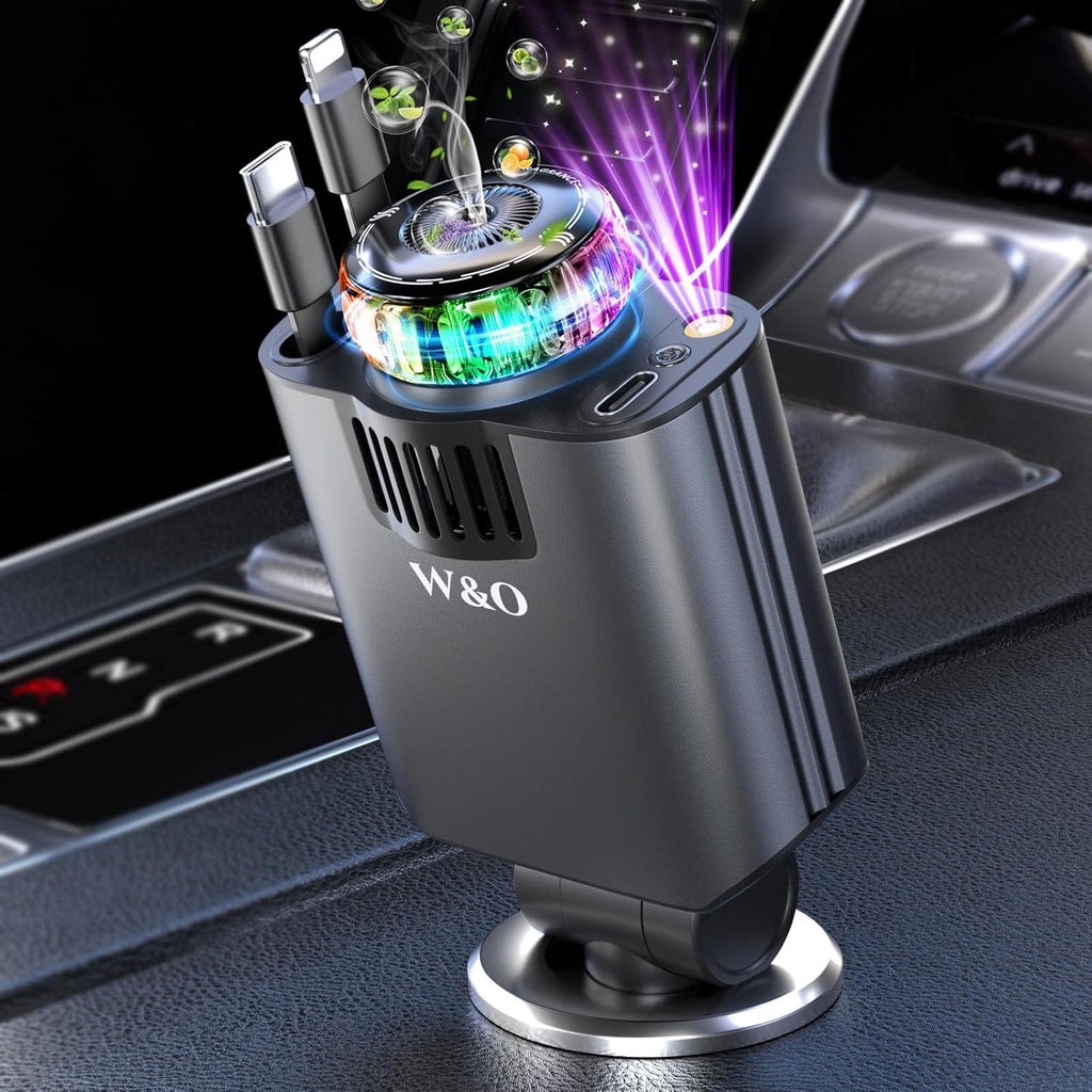 5-in-1 retractable car charger with purple starlight projection and aromatherapy fast charging