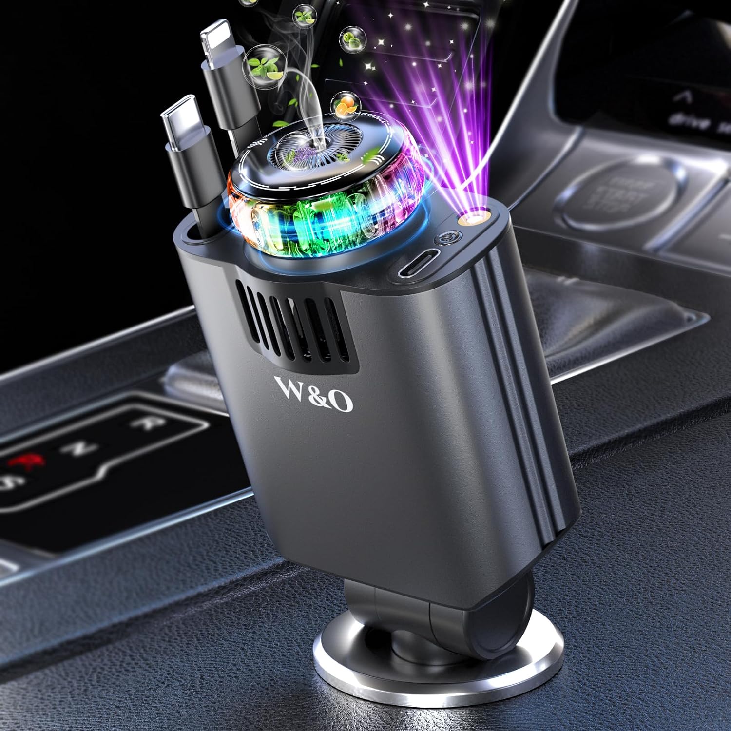 5-in-1 retractable car charger with purple starlight projection and aromatherapy fast charging