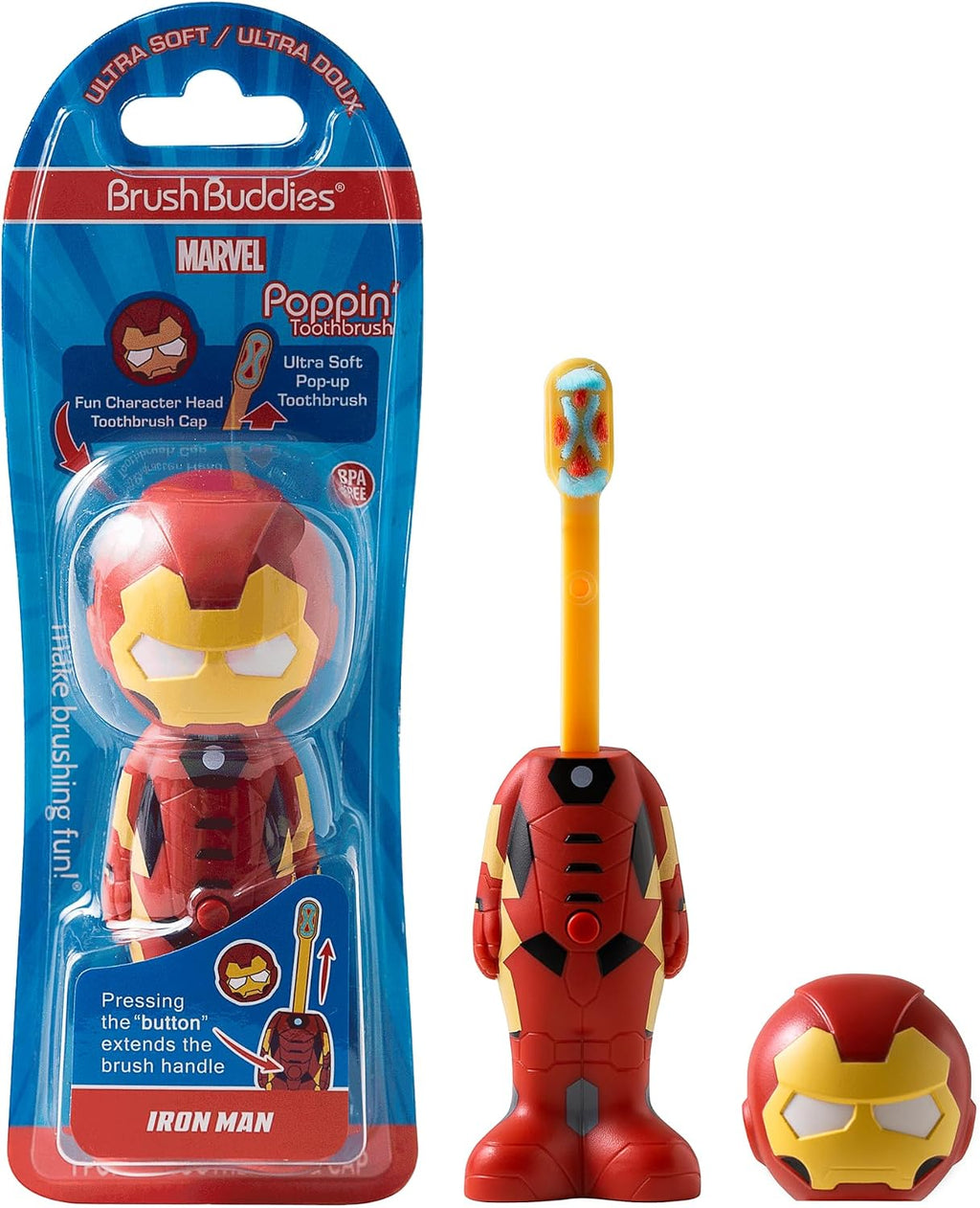 Brush Buddies Marvel Poppin' kids toothbrush with pop action and superhero travel cover