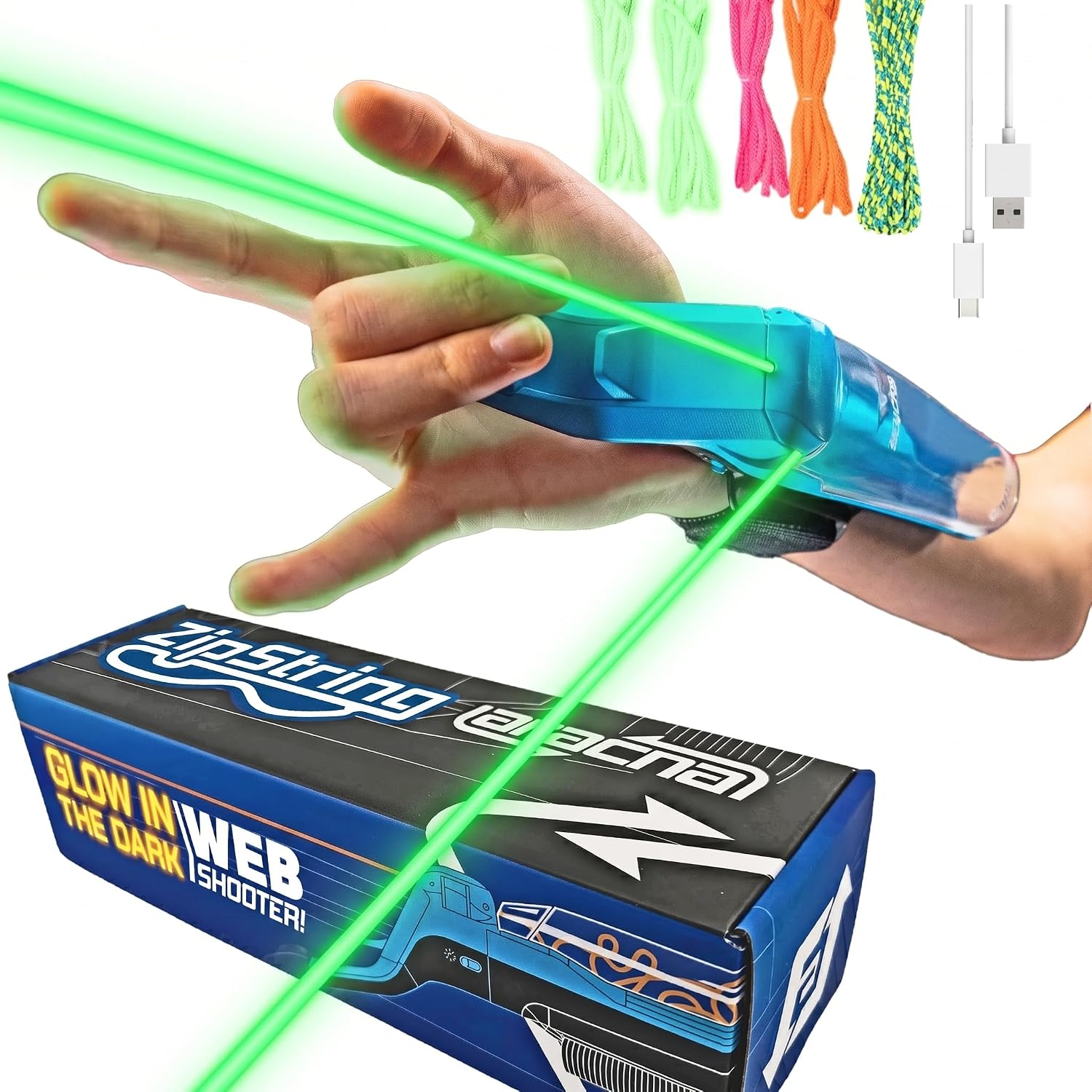 ZipString Aracna glow-in-the-dark web shooter firing a fast string loop