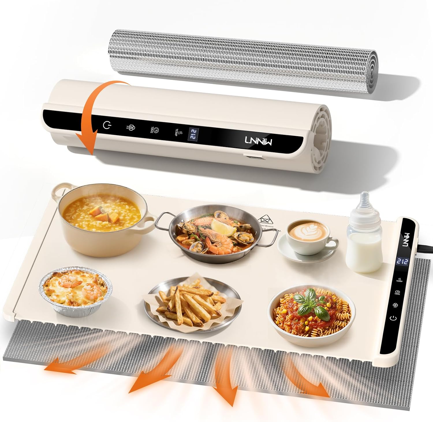 Electric food warming mat with adjustable heat timer and heat-resistant pad keeping dishes warm
