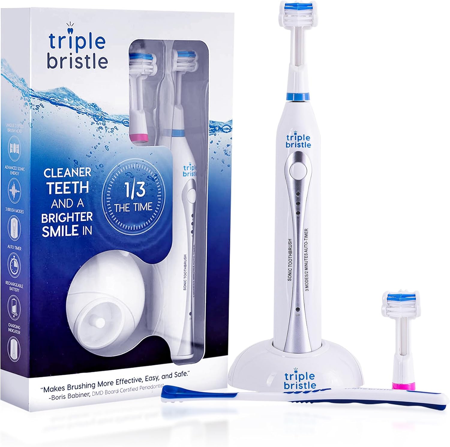 Triple Bristle Original 3-head sonic rechargeable electric toothbrush with angled bristles