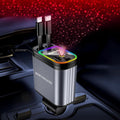 4-in-1 car charger with retractable cables USB-C ports and starry ambient light