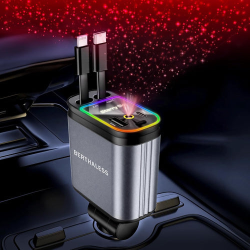 4-in-1 car charger with retractable cables USB-C ports and starry ambient light