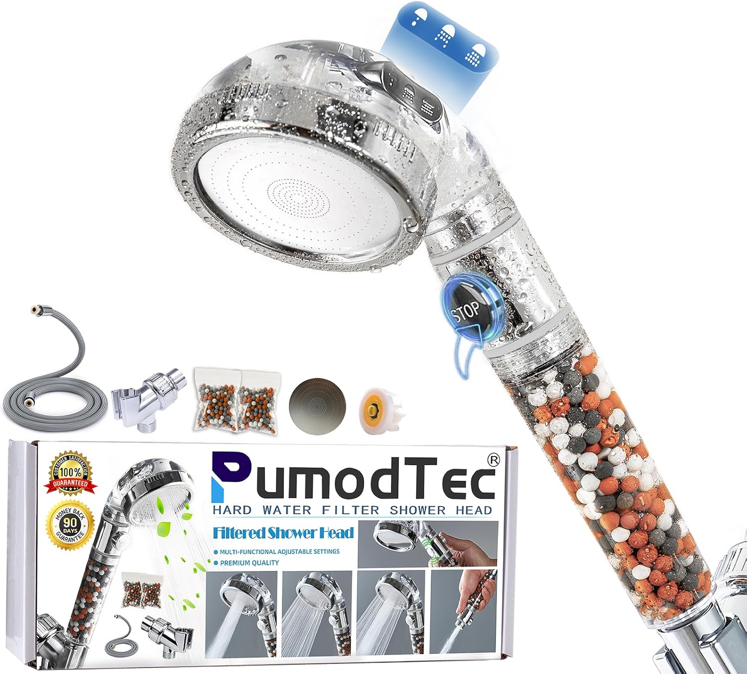 High pressure filtered handheld shower head with mineral water softener and 4 spray modes