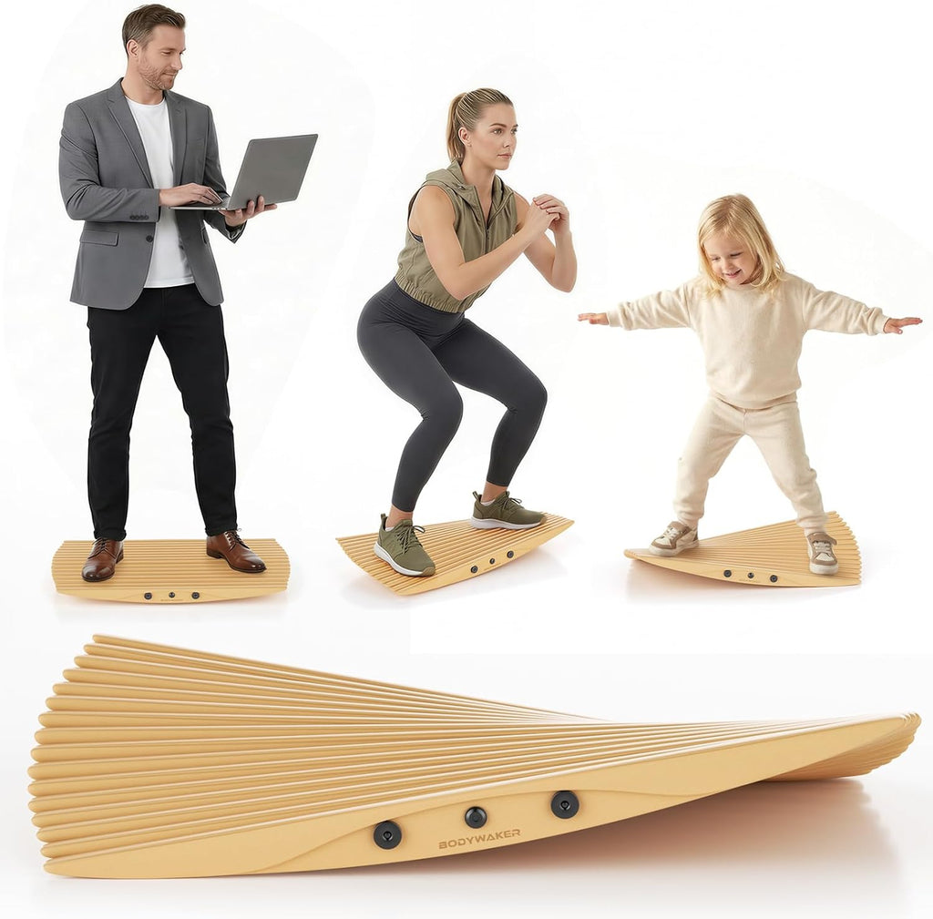 Wooden wobble rocker balance board with textured non-slip surface for standing desk use