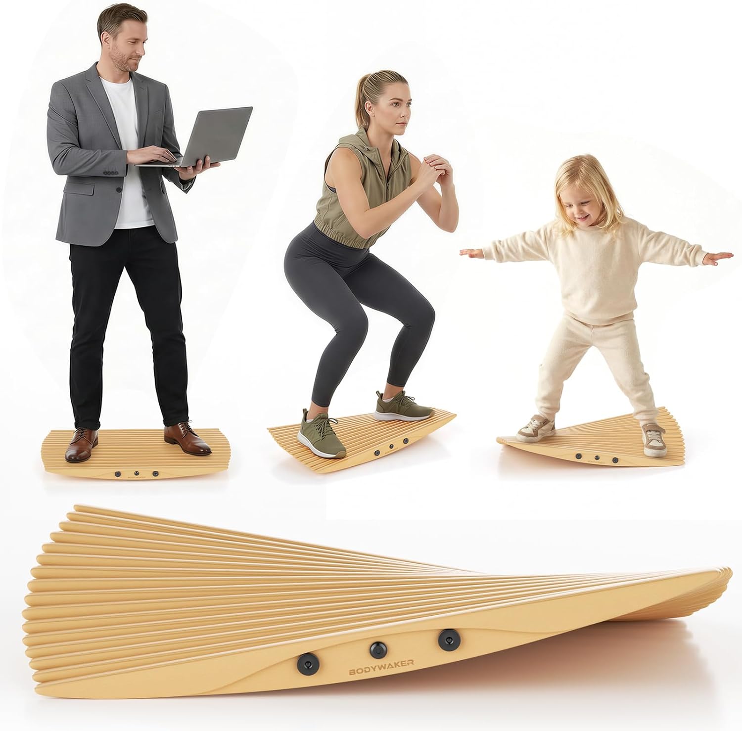 Wooden wobble rocker balance board with textured non-slip surface for standing desk use
