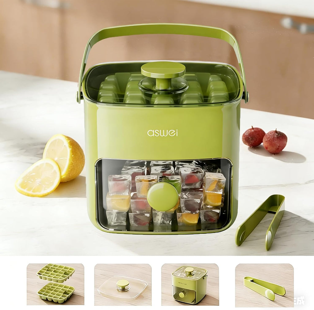 Ice Cube Tray with Lid & Bin – One-Touch Easy Release Silicone Ice Maker